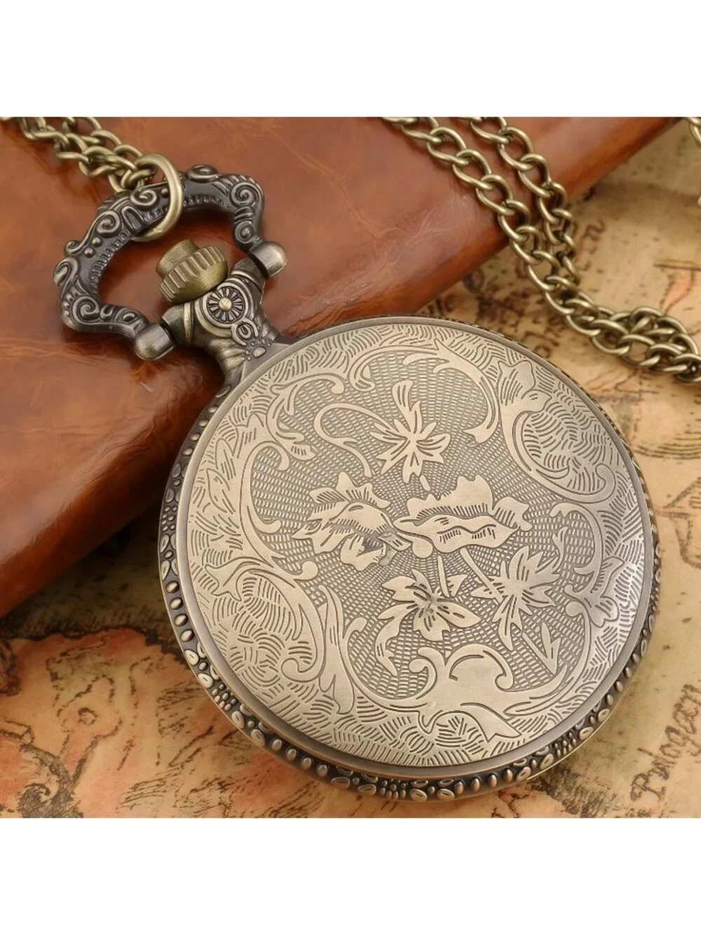 Men's Brown Quartz Engraved Cowboys Bronze Arabic Numerals Chain Pocket Watch